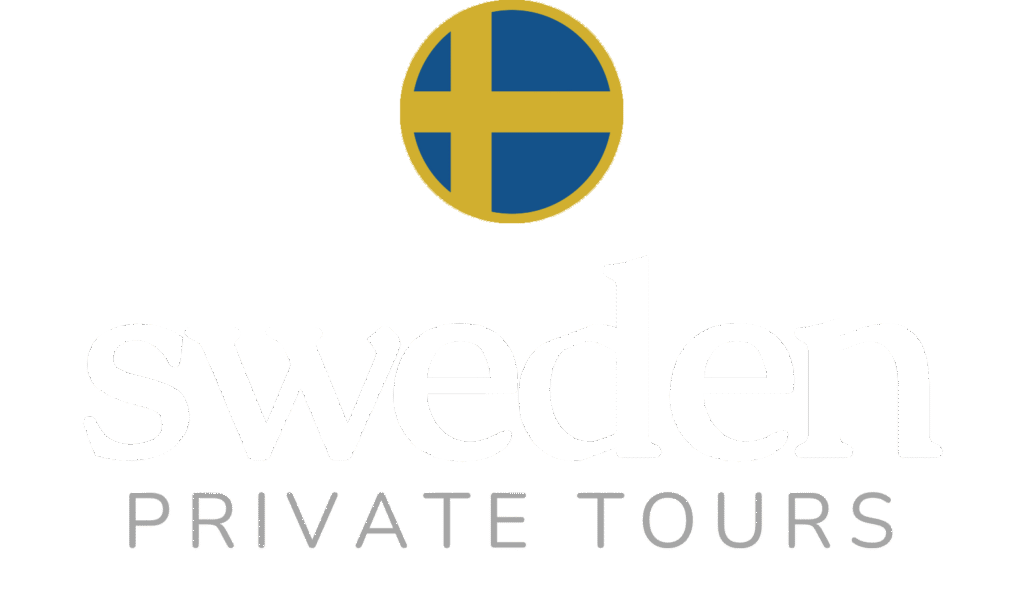 Logo of Sweden Private Tours featuring a stylized Swedish flag and white text on a transparent background.