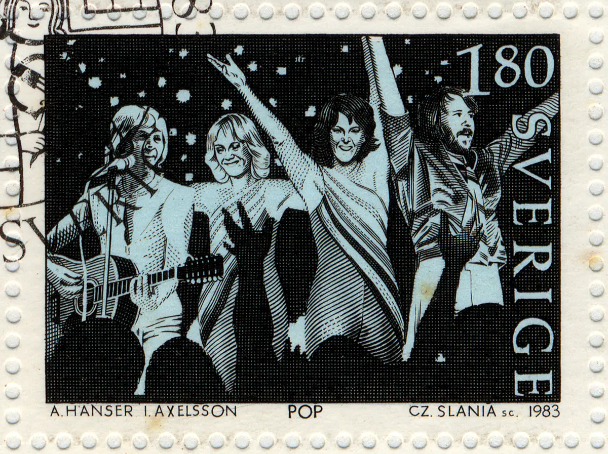 1983 Swedish postage stamp featuring iconic ABBA band members in a lively concert illustration, celebrating their pop music legacy.