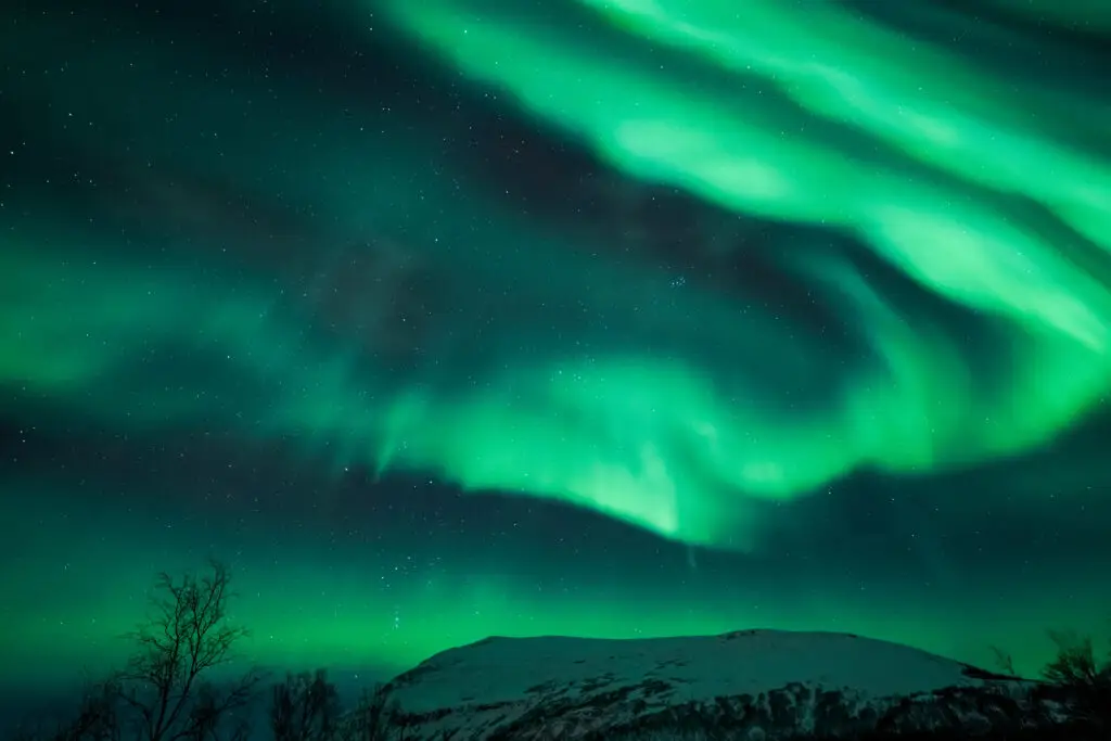Vibrant green Northern Lights (Aurora Borealis) dancing over snowy landscape in Sweden, ideal for Sweden Private Tours.