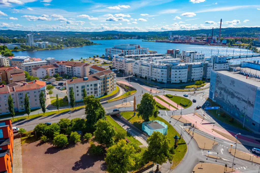 Aerial view of Jönköping, showing the scenic cityscape with modern buildings and a blue water body in Sweden, perfect for tourism and exploration.