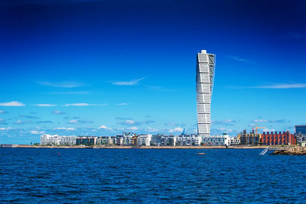 Panoramic view of the Turning Torso skyscraper and the modern West Harbor area in Malmo, Sweden, showcasing Scandinavian urban architecture against a blue sky.